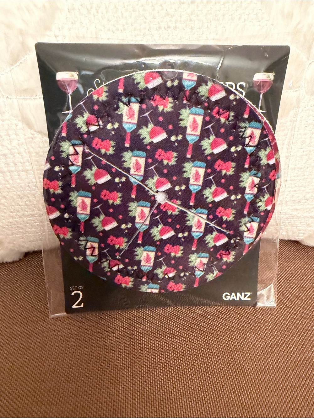 NEW Ganz Set of 2 Wine Glass Covers Holiday Wine Print